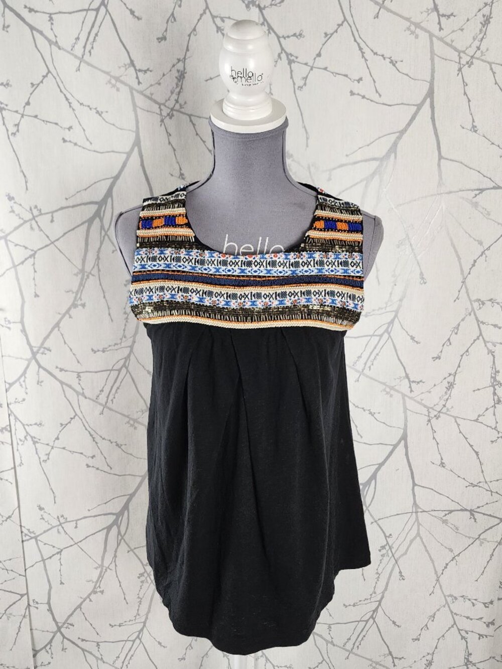 Akemi + Kin Black Cotton Aztec Beaded Flowy Tank